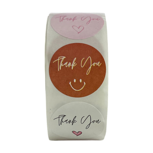 'Thank You' Label Adhesive Assorted Round Stickers 25mm Roll